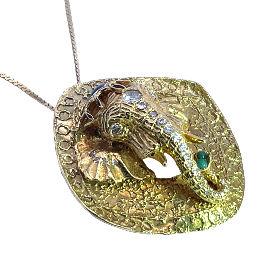 Modern 18KY gold, diamond, emerald, and enamel elephant brooch