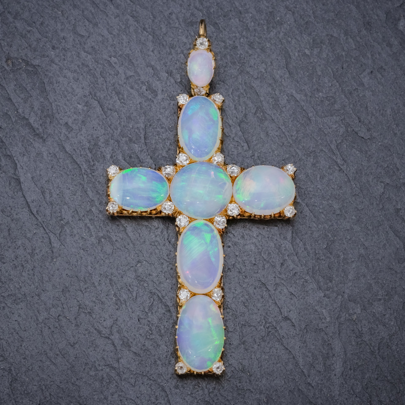 Antique Victorian 35Ct Opal Cross Pendant Diamond 18Ct Gold Circa 1900