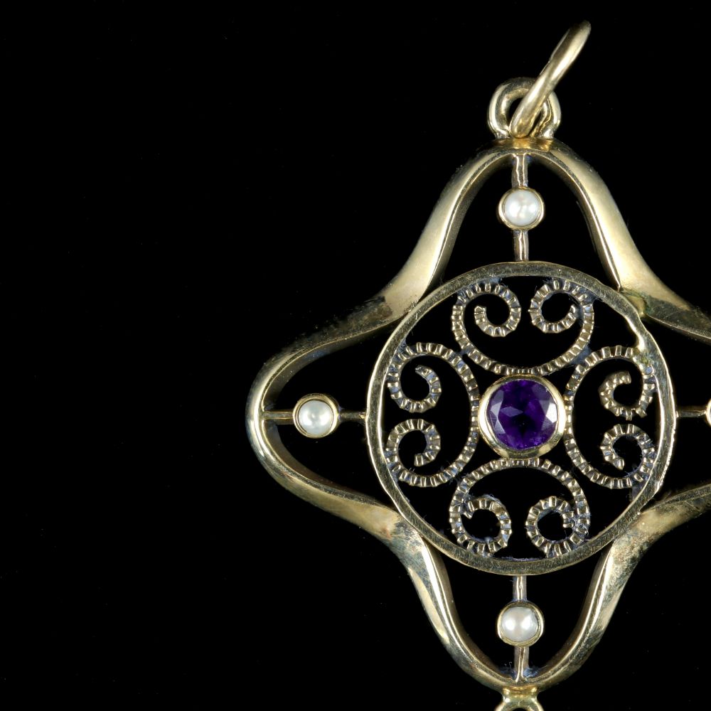Antique Victorian Amethyst Pearl Pendant 9Ct Gold Circa 1900