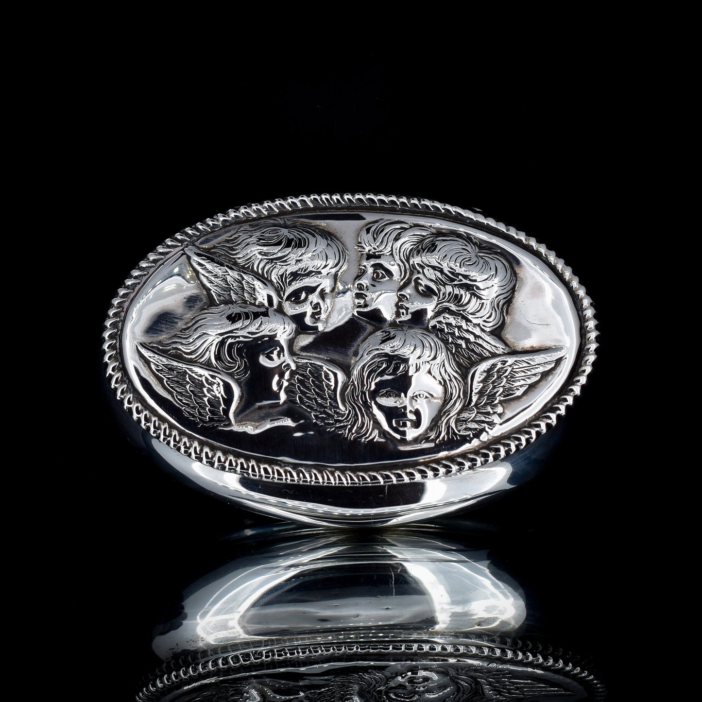 Antique Edwardian 1901 Hallmarked Angel Cherubs Oval Silver Jewellery Box