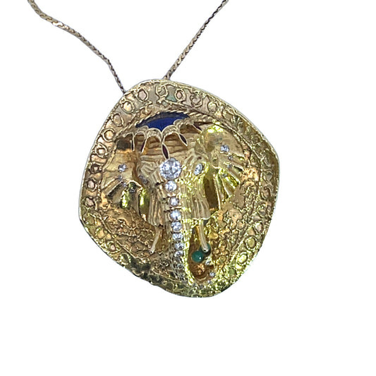 Modern 18KY gold, diamond, emerald, and enamel elephant brooch