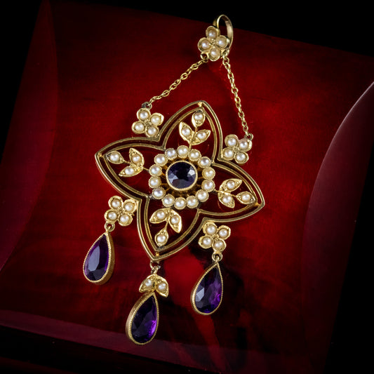 Antique Victorian Amethyst Pearl Pendant 15Ct Yellow Gold Circa 1900