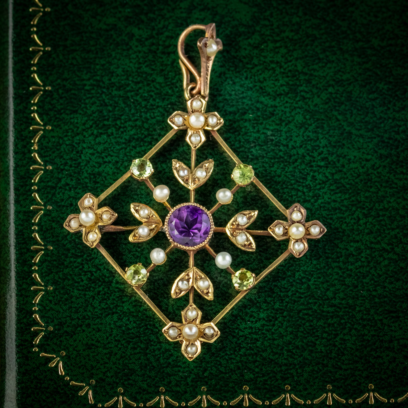 Antique Suffragette Pendant Amethyst Peridot Pearl 9Ct Gold Circa 1910