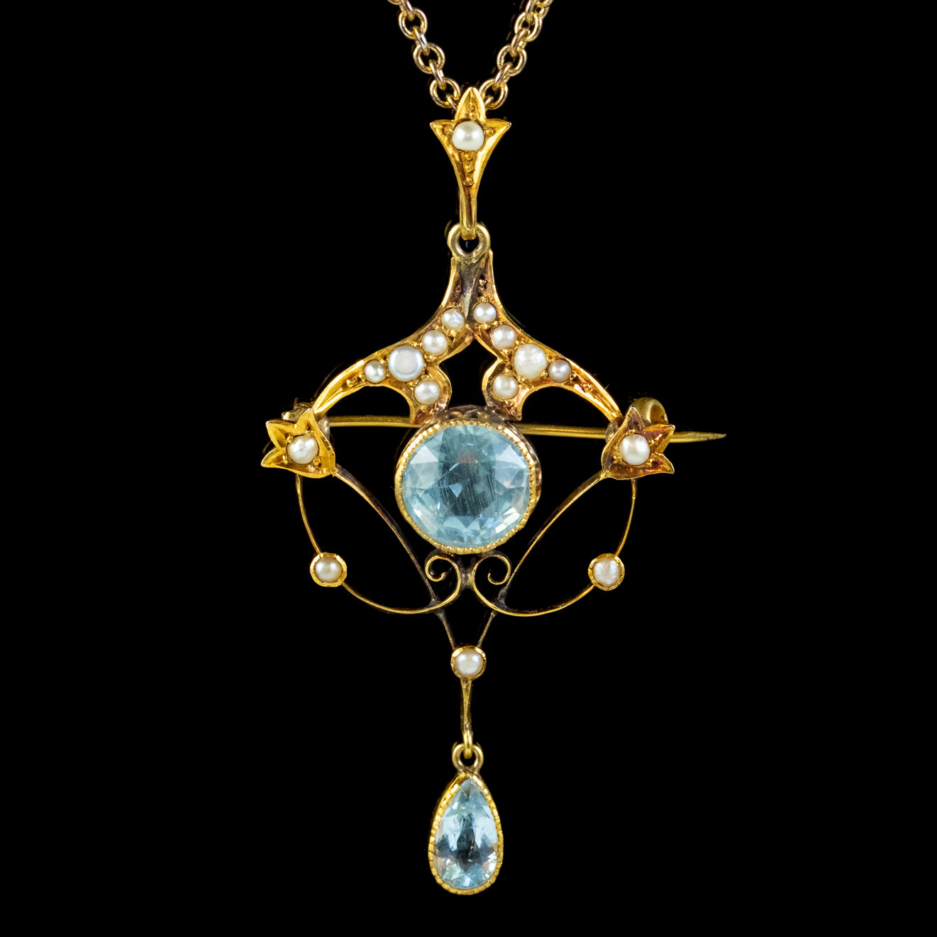 Antique Victorian Art Nouveau Aquamarine Pearl Pendant Necklace 9ct Gold Circa 1900