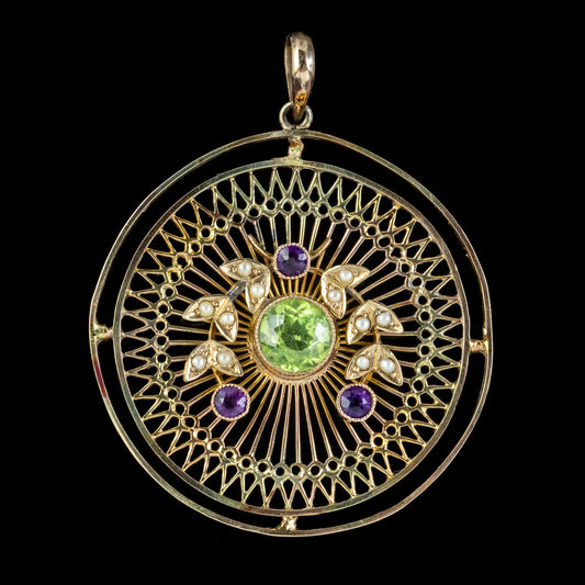 Antique Suffragette Pendant Peridot Pearls Amethyst 9Ct Gold Circa 1910