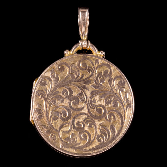 ANTIQUE VICTORIAN 9CT ROSE GOLD ROUND ENGRAVED LOCKET CIRCA 1900