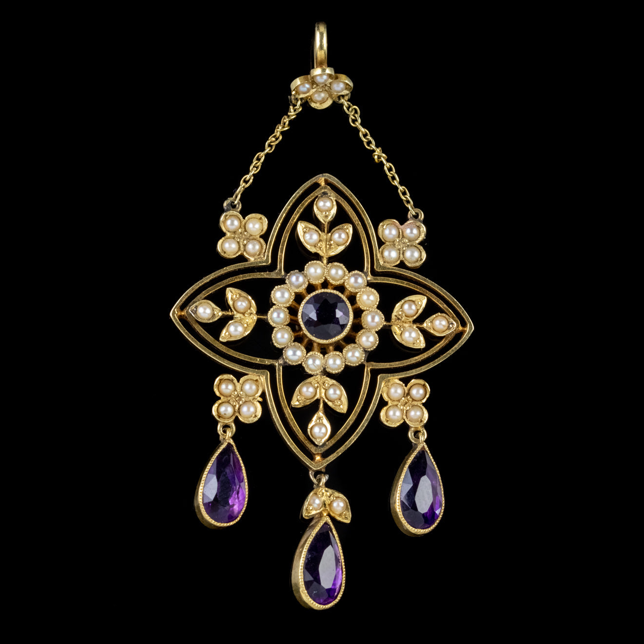 Antique Victorian Amethyst Pearl Pendant 15Ct Yellow Gold Circa 1900