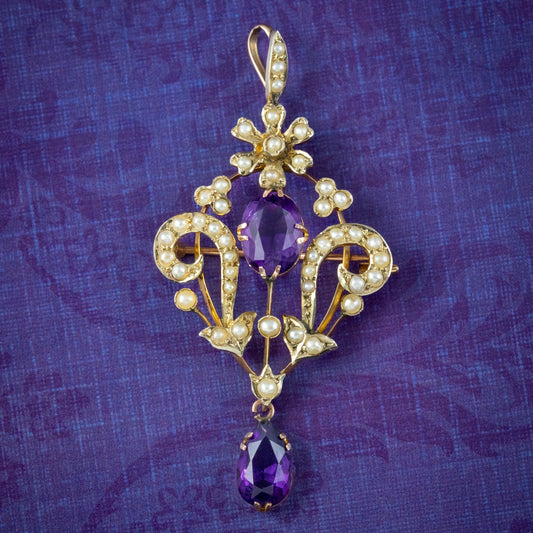 Antique Victorian Amethyst Pearl Pendant 9ct Gold
