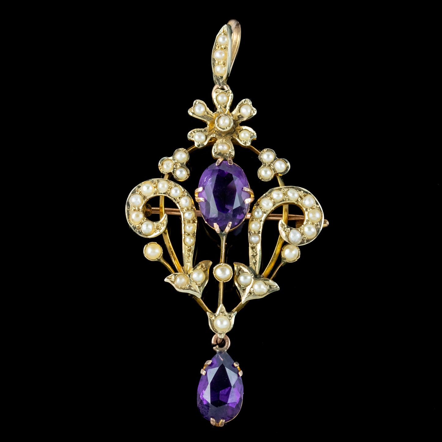 Antique Victorian Amethyst Pearl Pendant 9ct Gold