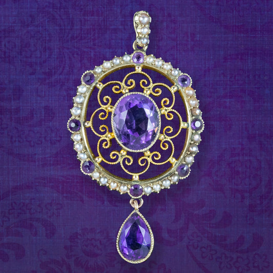 Antique Victorian Amethyst Pearl Pendant 9ct Gold