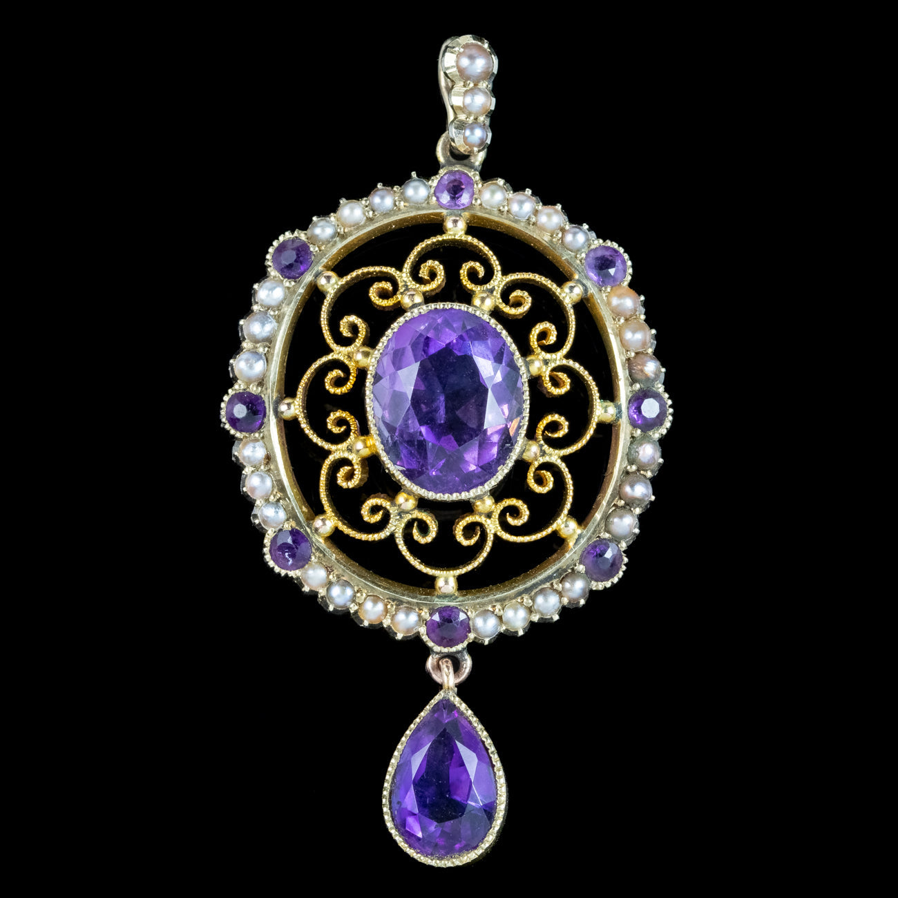 Antique Victorian Amethyst Pearl Pendant 9ct Gold