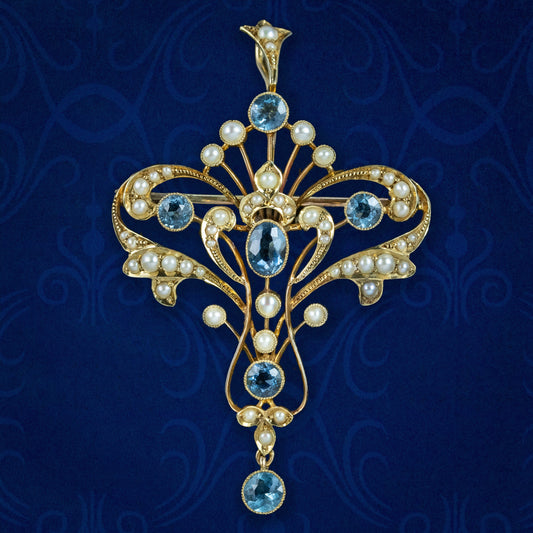 Antique Victorian Aquamarine Pearl Pendant Brooch 15ct Gold