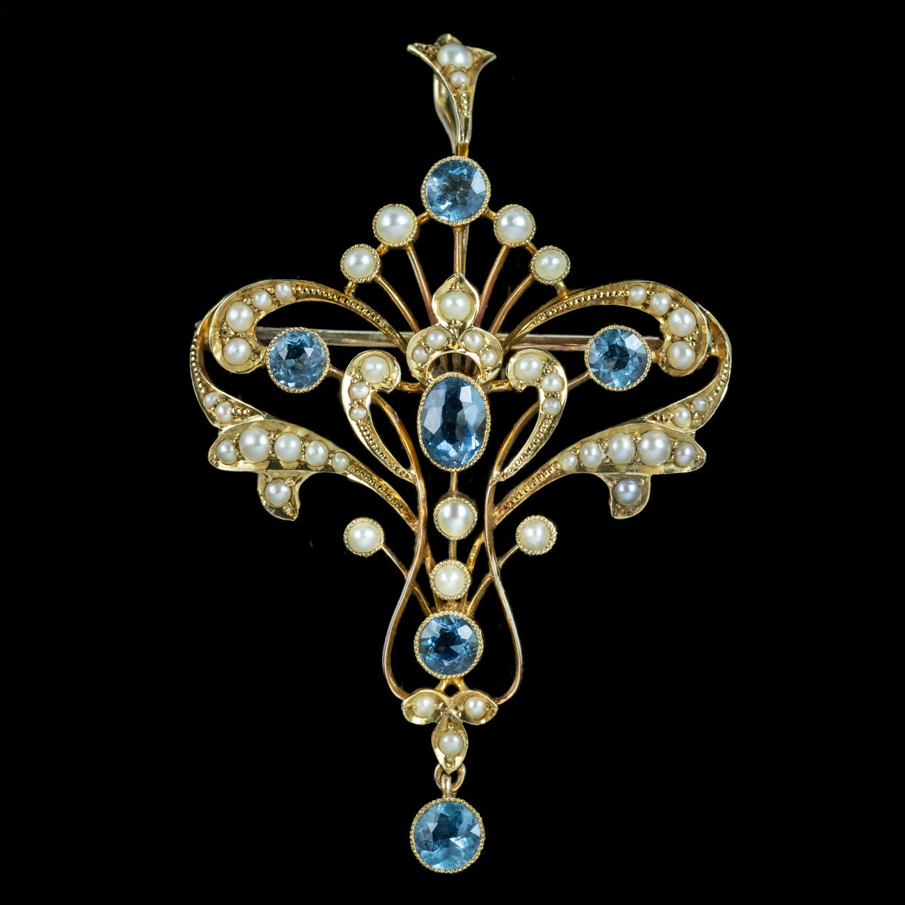Antique Victorian Aquamarine Pearl Pendant Brooch 15ct Gold