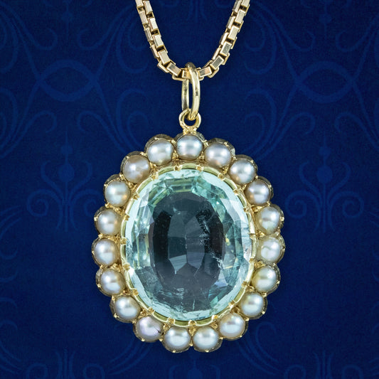Antique Victorian Aquamarine Pearl Pendant Necklace 12ct Aqua