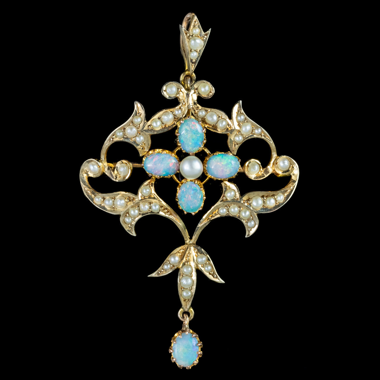 Antique Victorian Art Nouveau Opal Pearl Pendant 9ct Gold