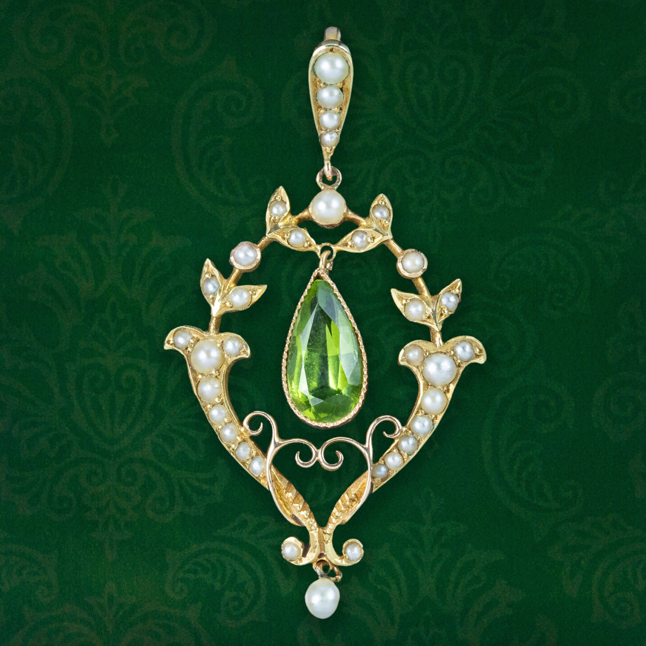 Antique Victorian Art Nouveau Peridot Pearl Pendant 15ct Gold