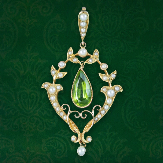 Antique Victorian Art Nouveau Peridot Pearl Pendant 15ct Gold