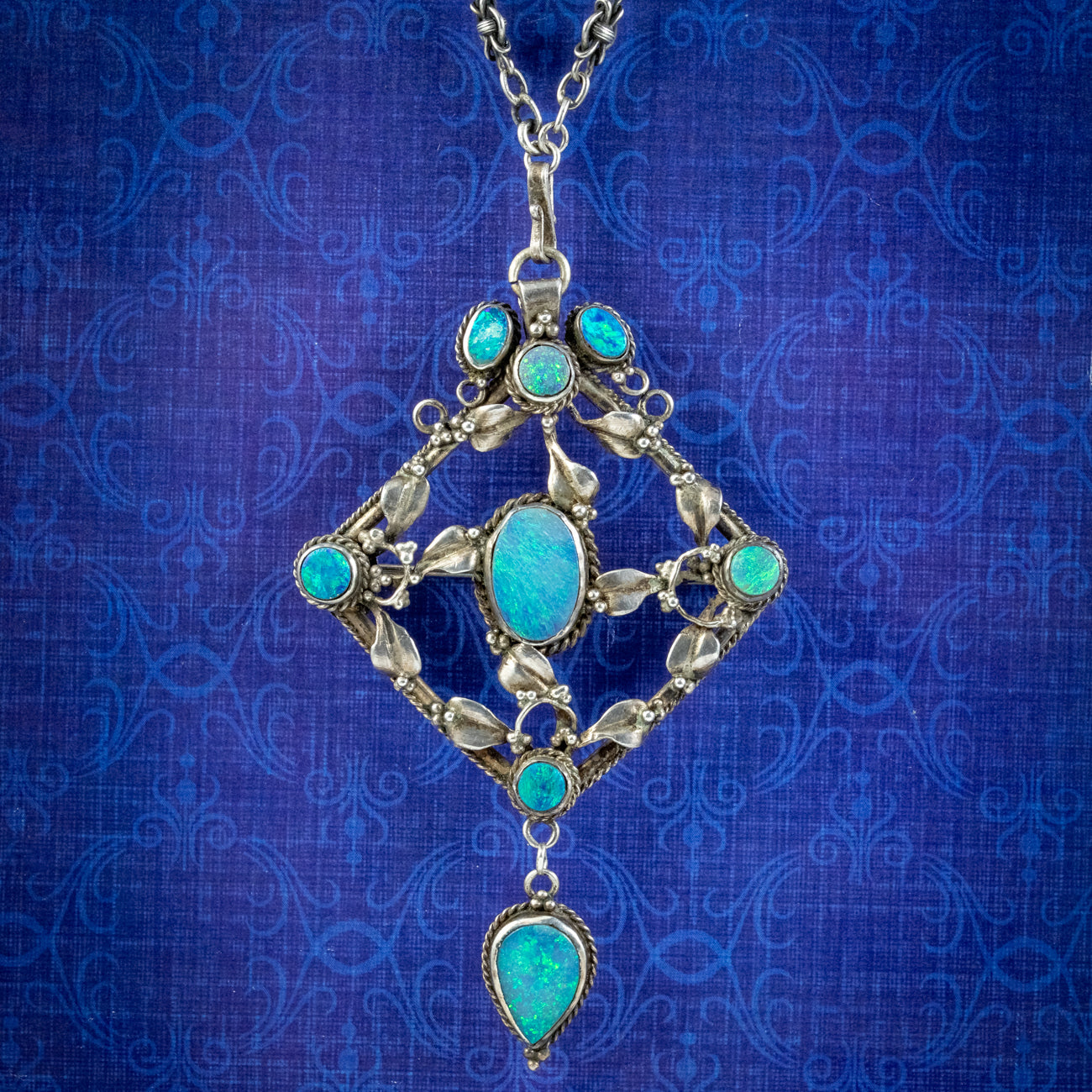 Antique Victorian Arts And Crafts Black Opal Pendant Necklace Silver Circa 1900