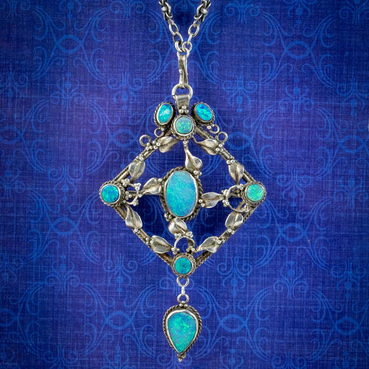 Antique Victorian Arts And Crafts Black Opal Pendant Necklace Silver Circa 1900