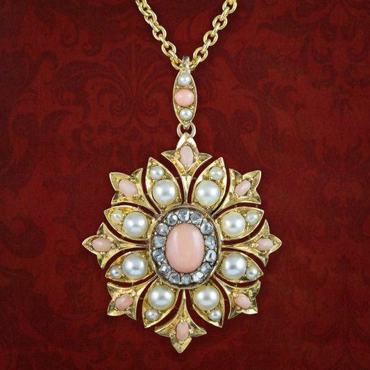 Antique Victorian Angel Skin Coral Diamond Pearl Flower Pendant Necklace