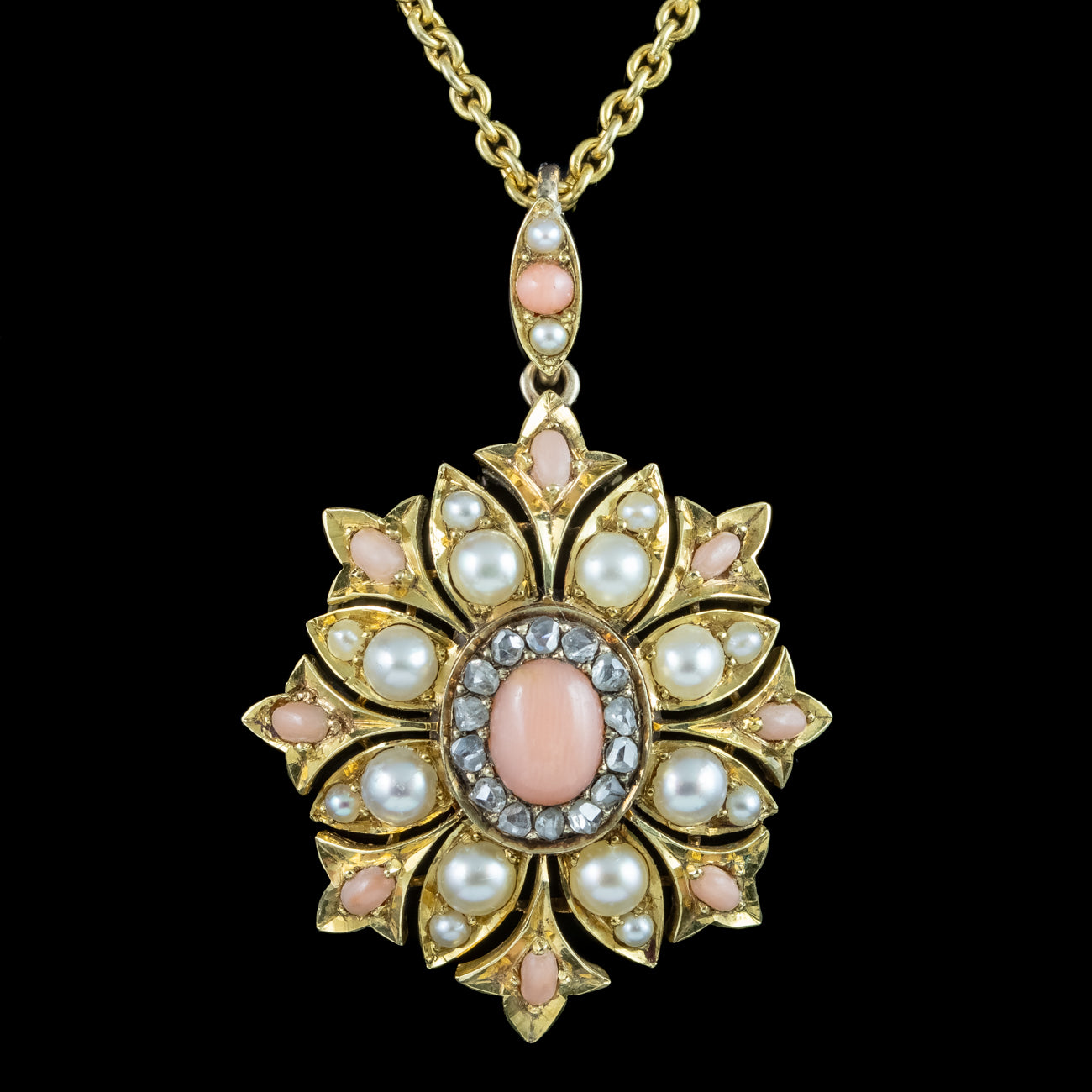 Antique Victorian Angel Skin Coral Diamond Pearl Flower Pendant Necklace