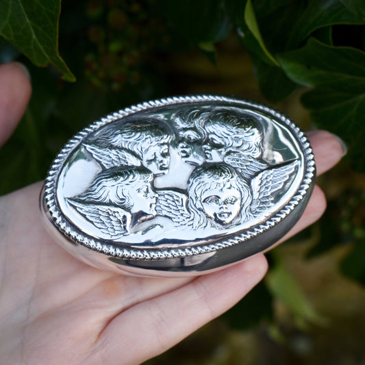 Antique Edwardian 1901 Hallmarked Angel Cherubs Oval Silver Jewellery Box